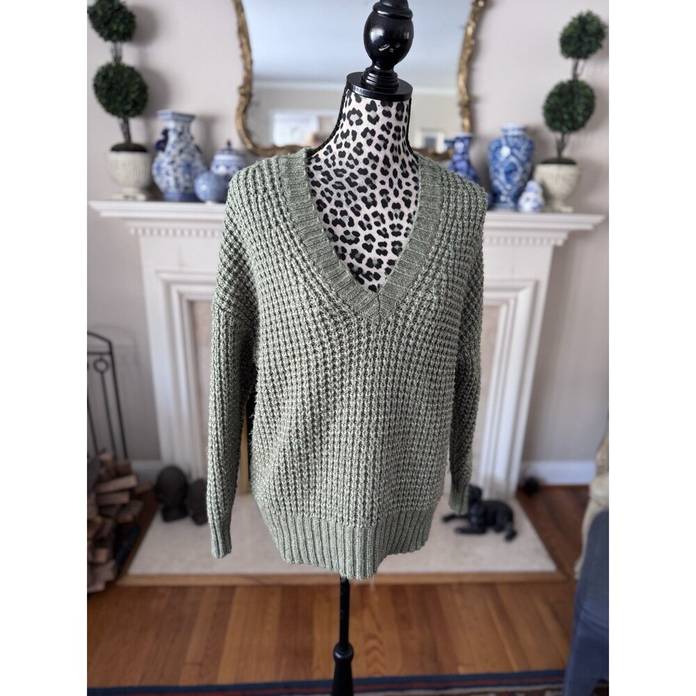 American Eagle Outfitters Sweater Women's XS Olive Green Knitted V-Neck Pullover